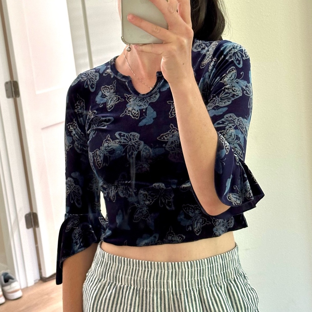 Vintage Y2K Velvet Stretch Butterfly Notch Neck Crop Top - Picture 6 of 6